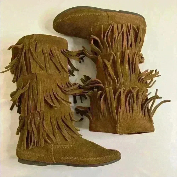 Vintage 90’s Minnetonka 3 Layer Fringe Festival Boho Western Suede  Boots size 8 - Picture 3 of 13